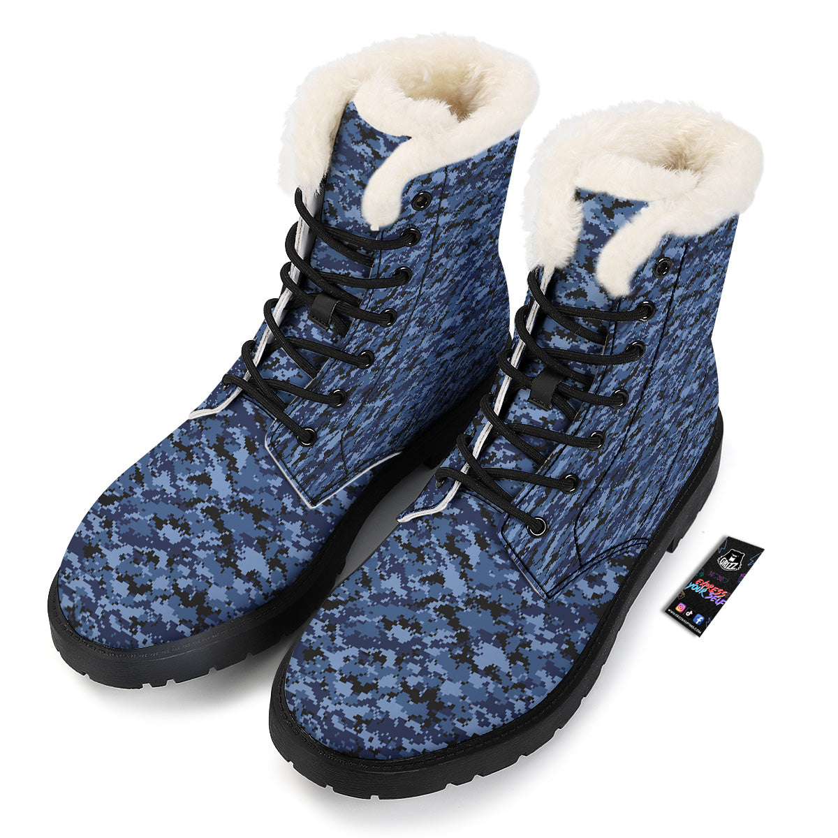 Digital Camo Black And Blue Print Winter Boots-grizzshop