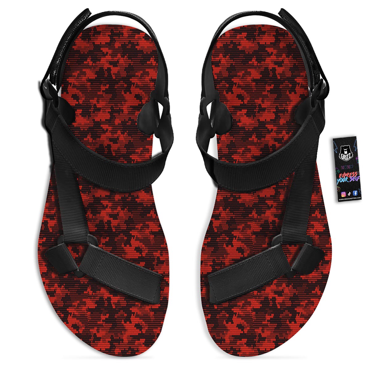 Digital Camo Black And Red Print Pattern Black Open Toe Sandals-grizzshop