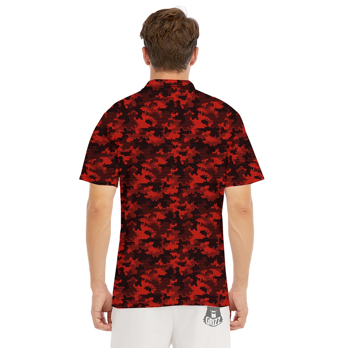 Digital Camo Black And Red Print Pattern Men's Golf Shirts-grizzshop