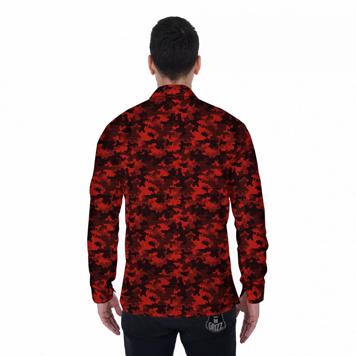 Digital Camo Black And Red Print Pattern Men's Long Sleeve Shirts-grizzshop