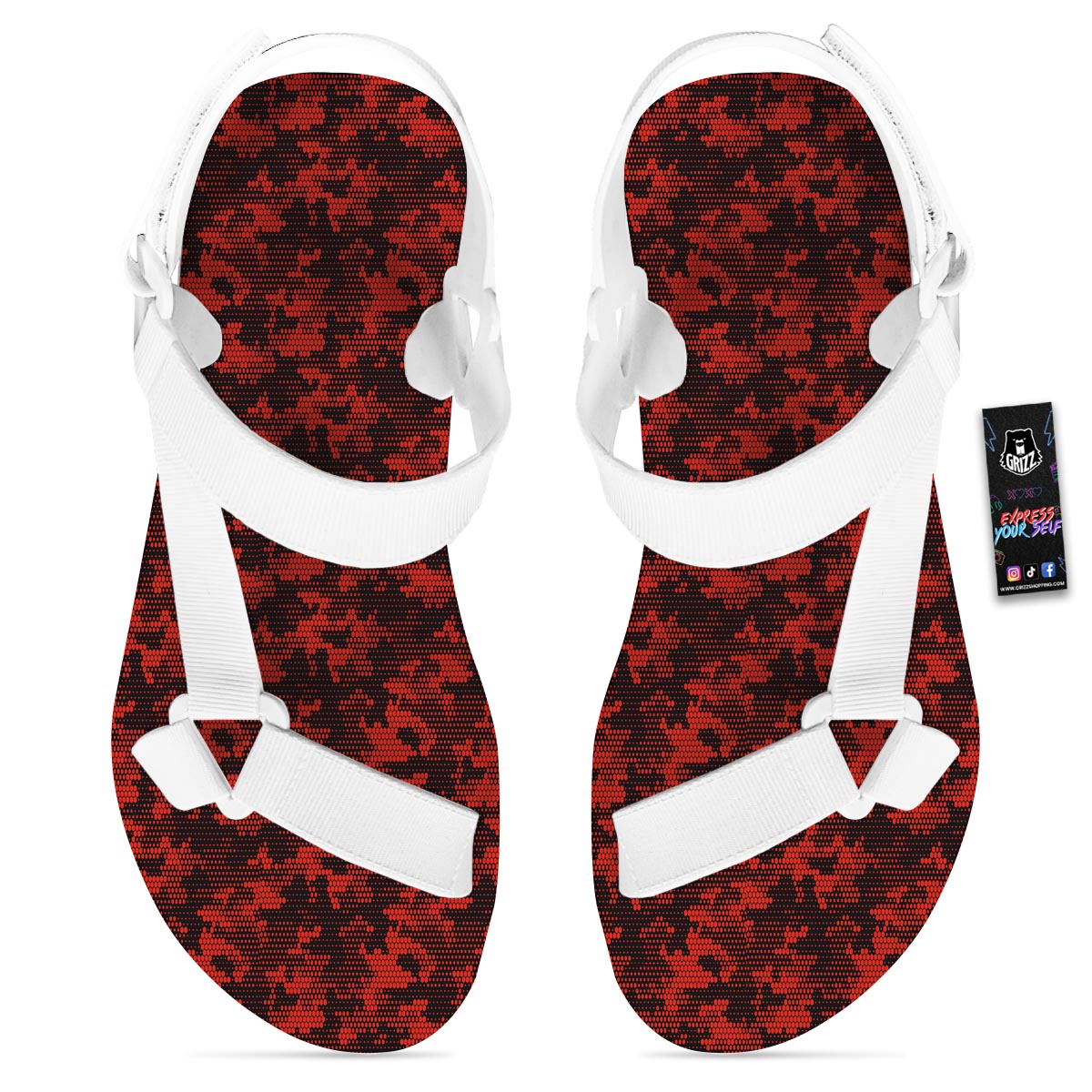 Digital Camo Black And Red Print Pattern White Open Toe Sandals-grizzshop