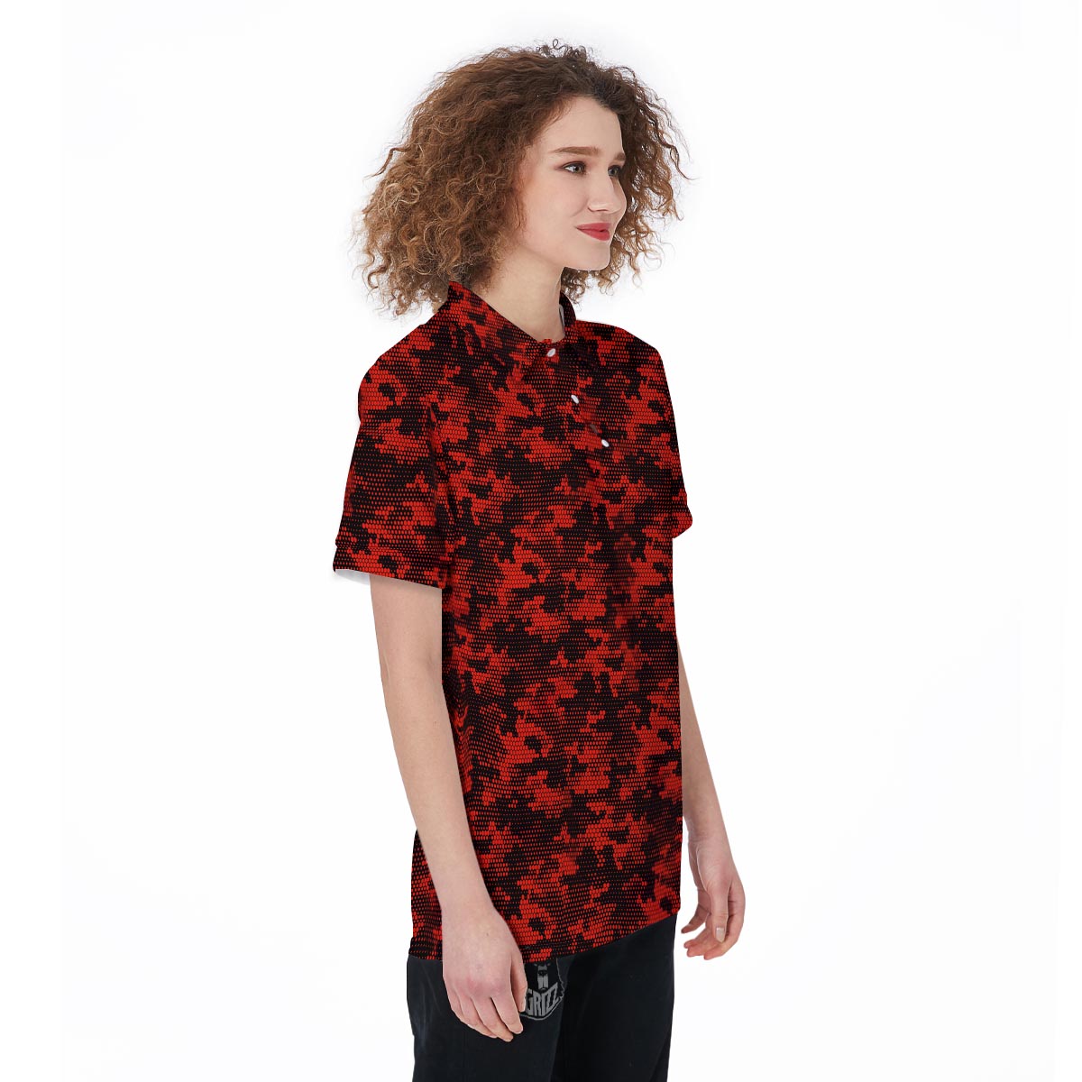 Digital Camo Black And Red Print Pattern Women's Golf Shirts-grizzshop