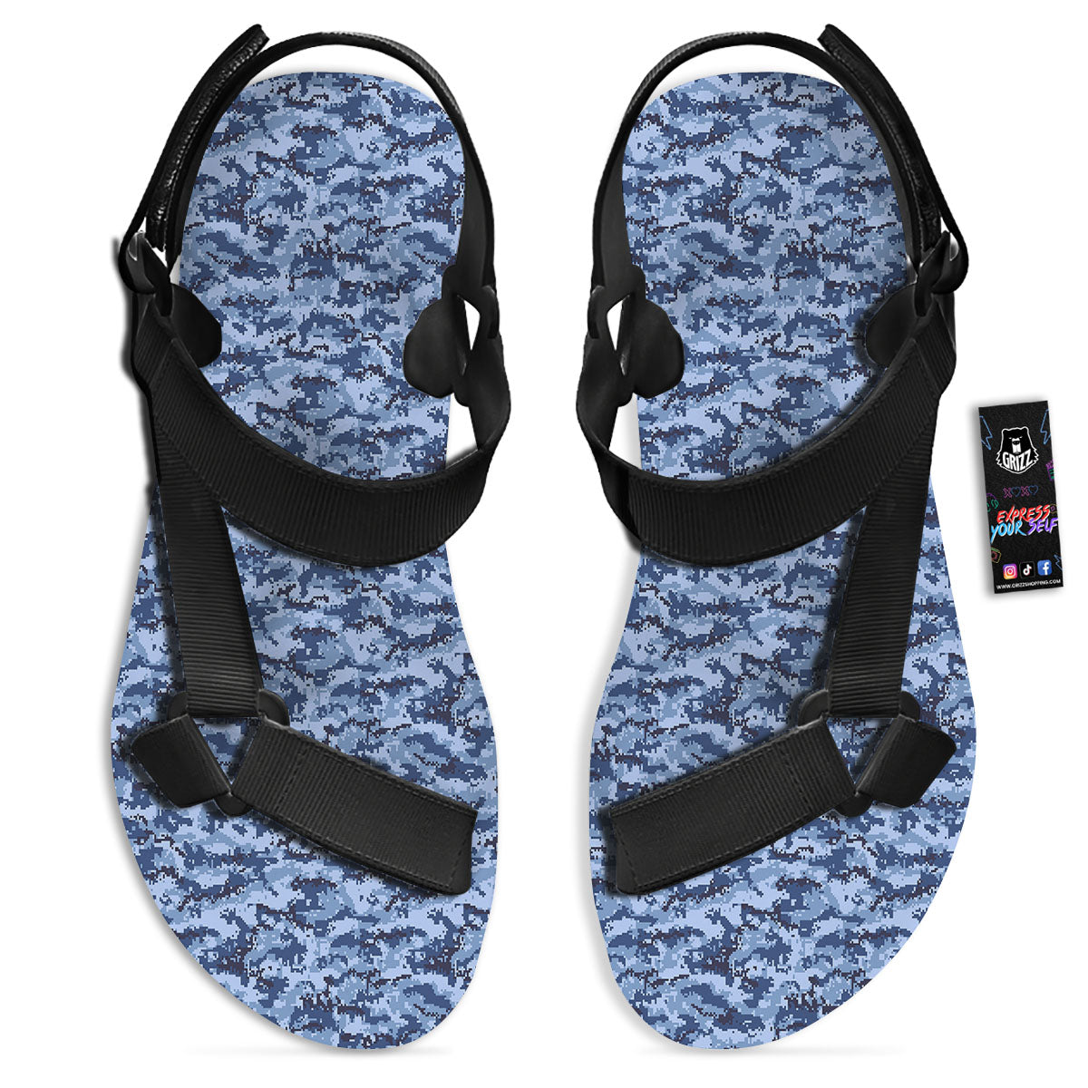 Digital Camo Blue Print Pattern Black Open Toe Sandals-grizzshop