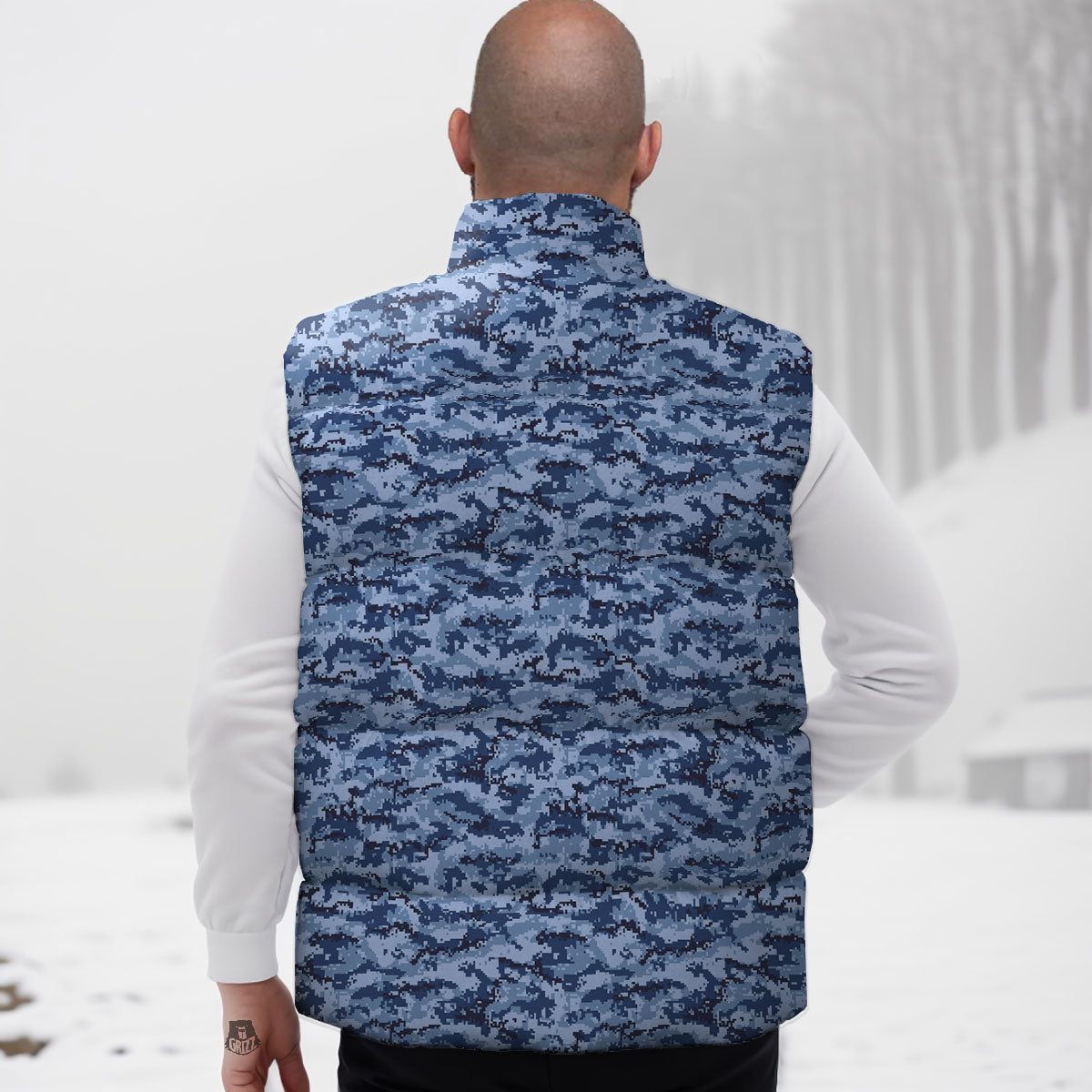 Digital Camo Blue Print Pattern Down Vest-grizzshop