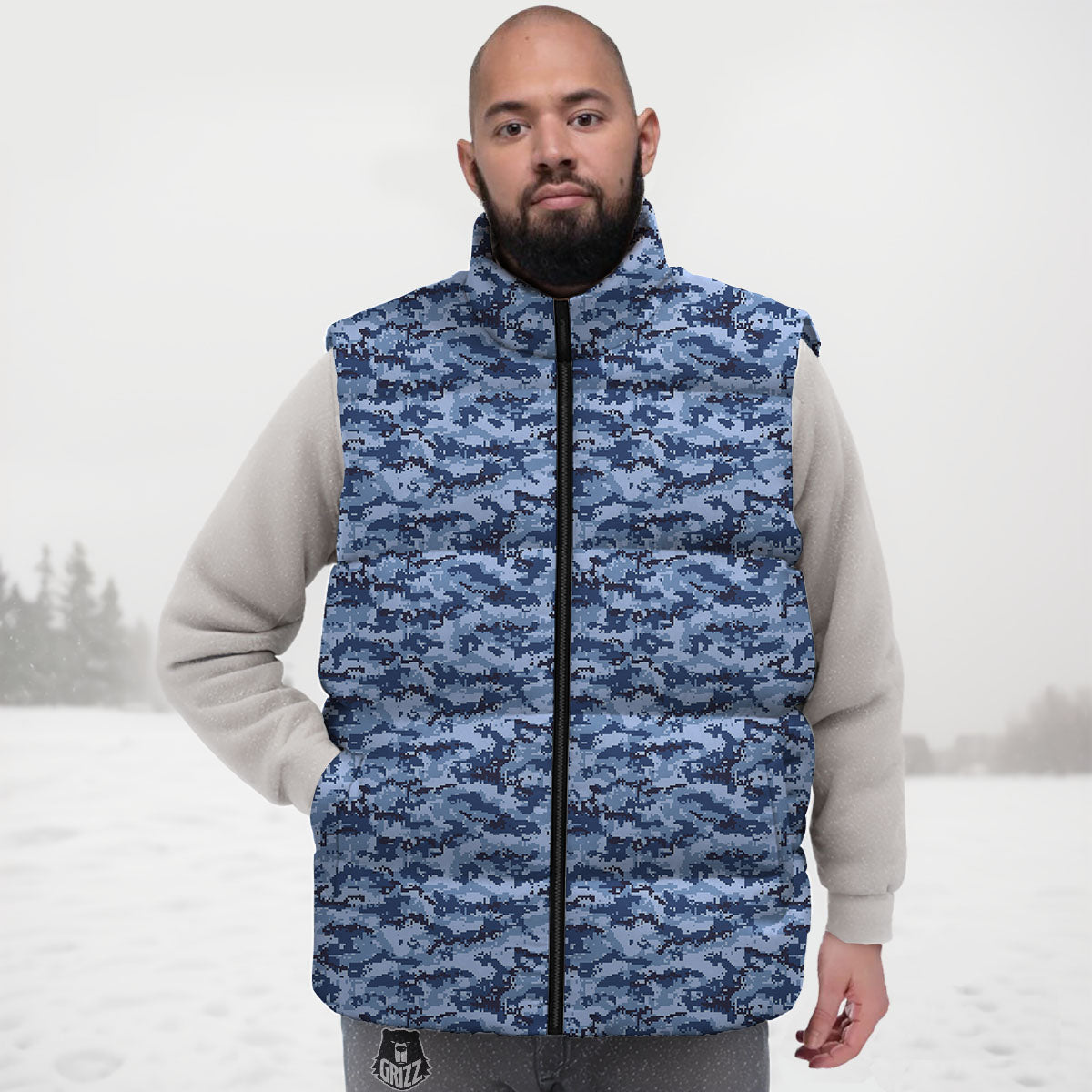 Digital Camo Blue Print Pattern Down Vest-grizzshop
