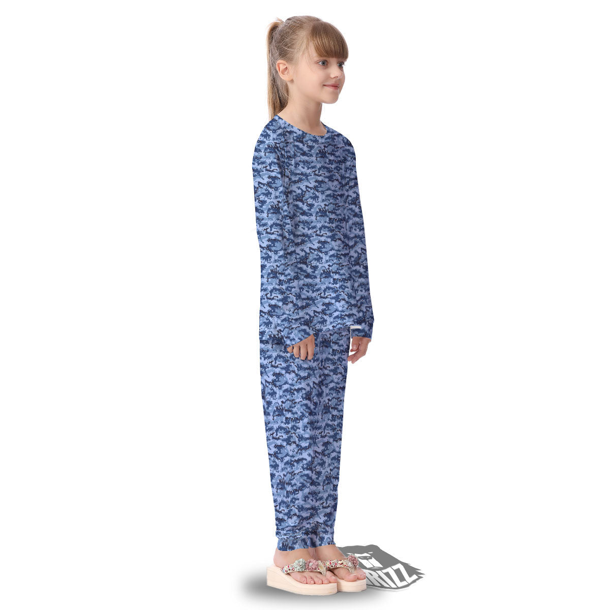 Digital Camo Blue Print Pattern Kid's Pajamas-grizzshop