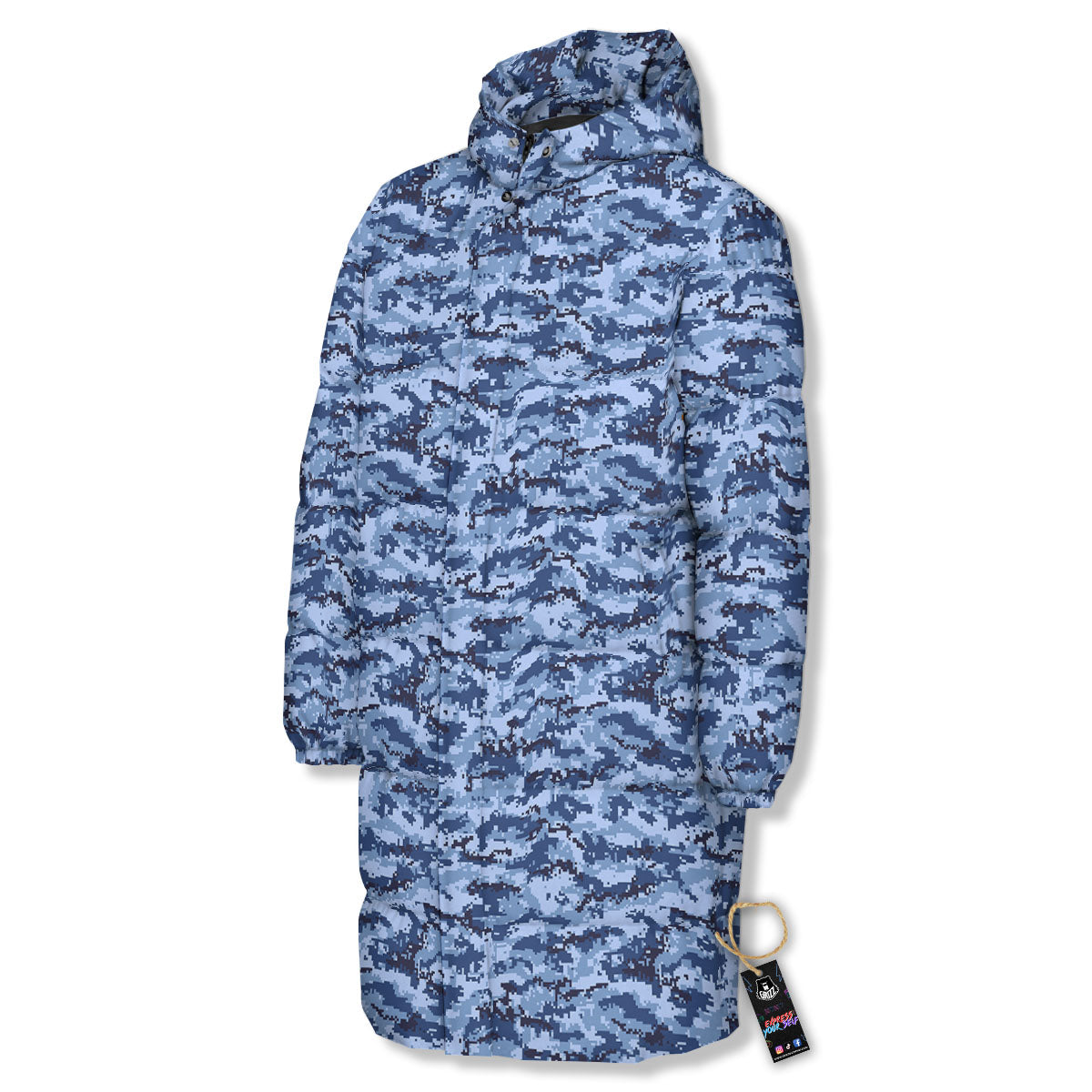 Digital Camo Blue Print Pattern Long Down Jacket-grizzshop