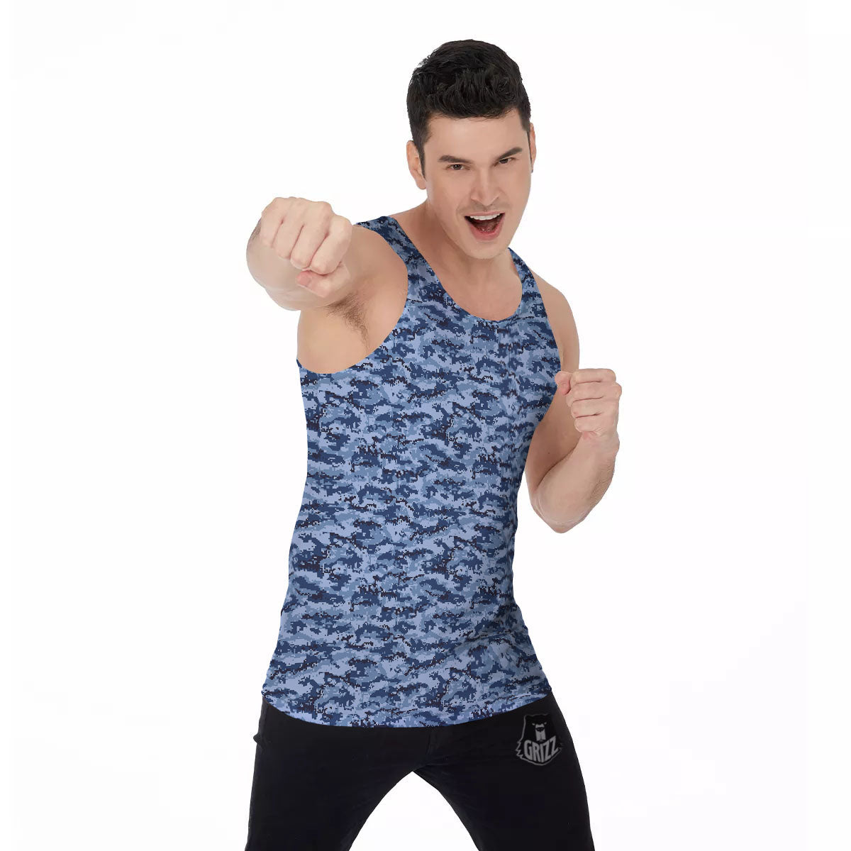 Digital Camo Blue Print Pattern Men's Tank Top-grizzshop