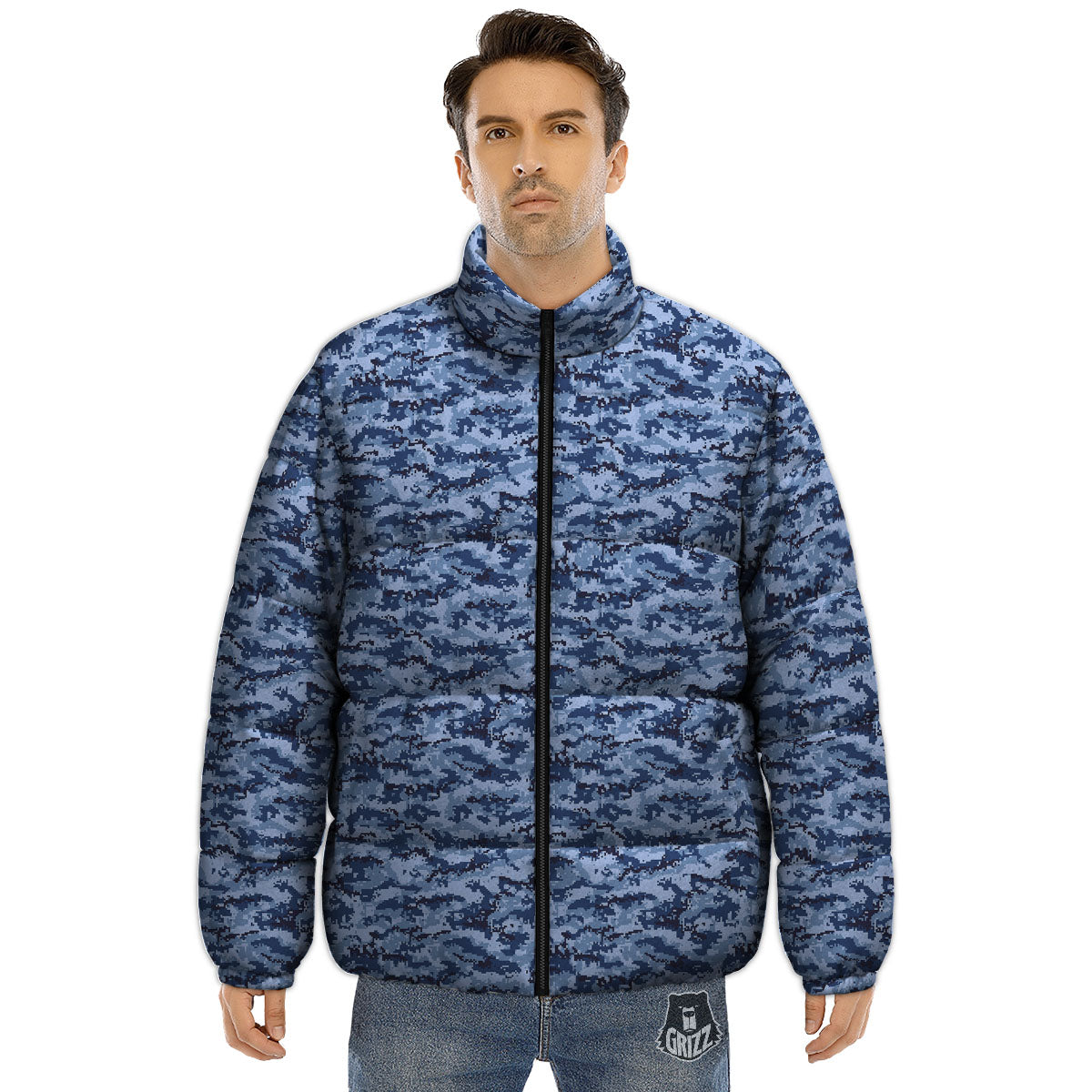 Digital Camo Blue Print Pattern Puffer Jacket-grizzshop