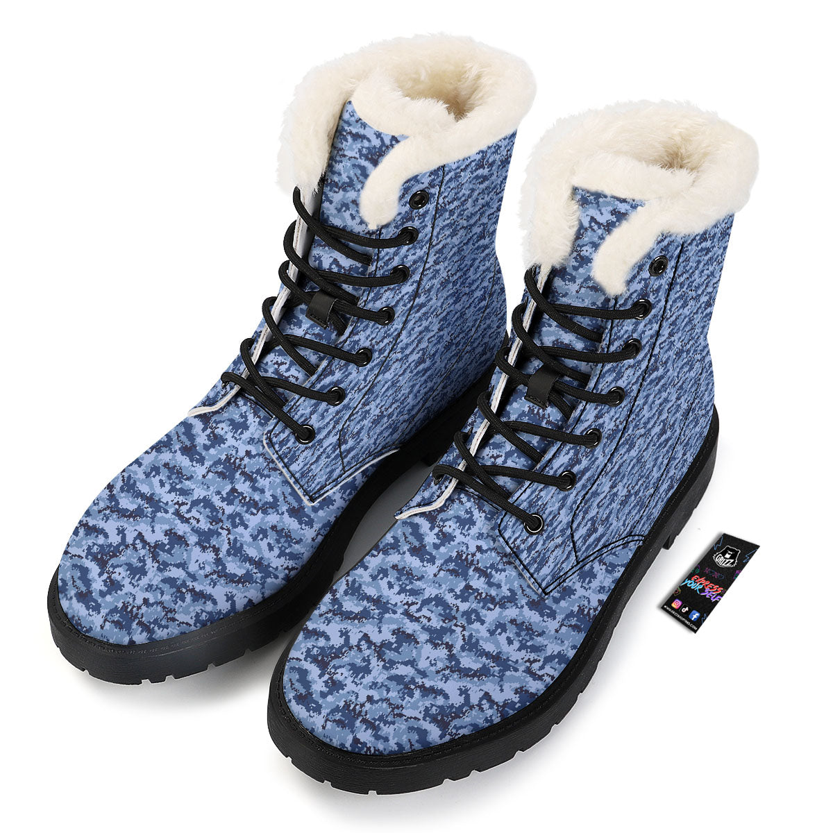 Digital Camo Blue Print Pattern Winter Boots-grizzshop