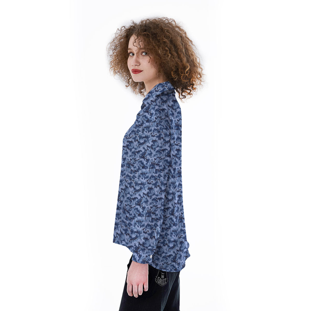 Digital Camo Blue Print Pattern Women's Long Sleeve Shirts-grizzshop
