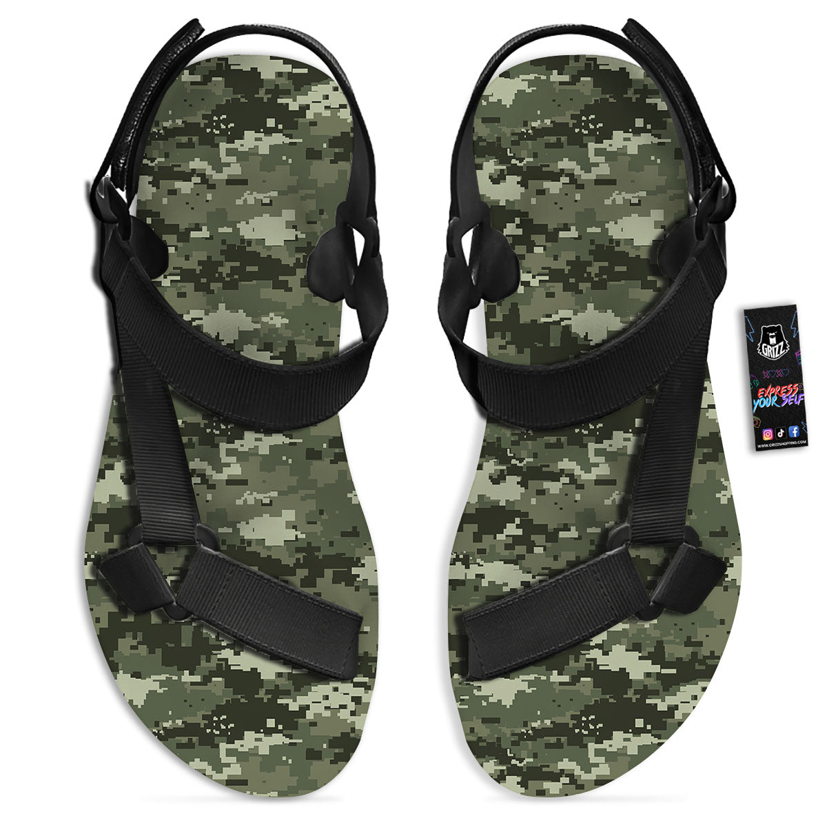 Digital Camo Desert Print Pattern Black Open Toe Sandals-grizzshop