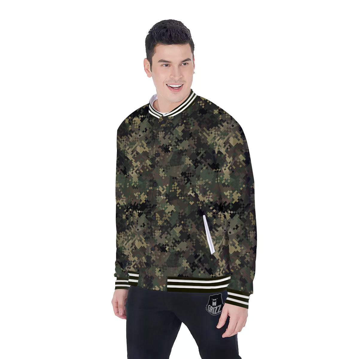 Digital Camo Forest Green Print Pattern Baseball Jacket-grizzshop