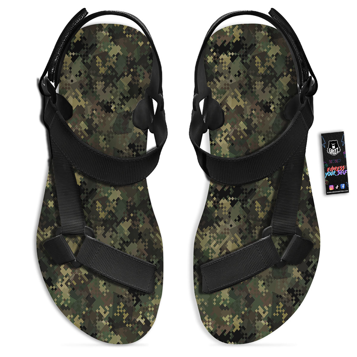 Digital Camo Forest Green Print Pattern Black Open Toe Sandals-grizzshop