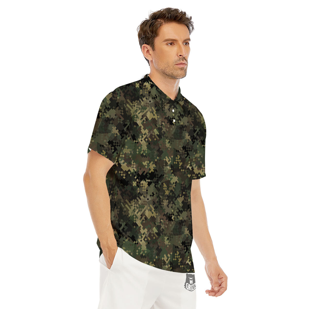 Digital Camo Forest Green Print Pattern Men's Golf Shirts-grizzshop