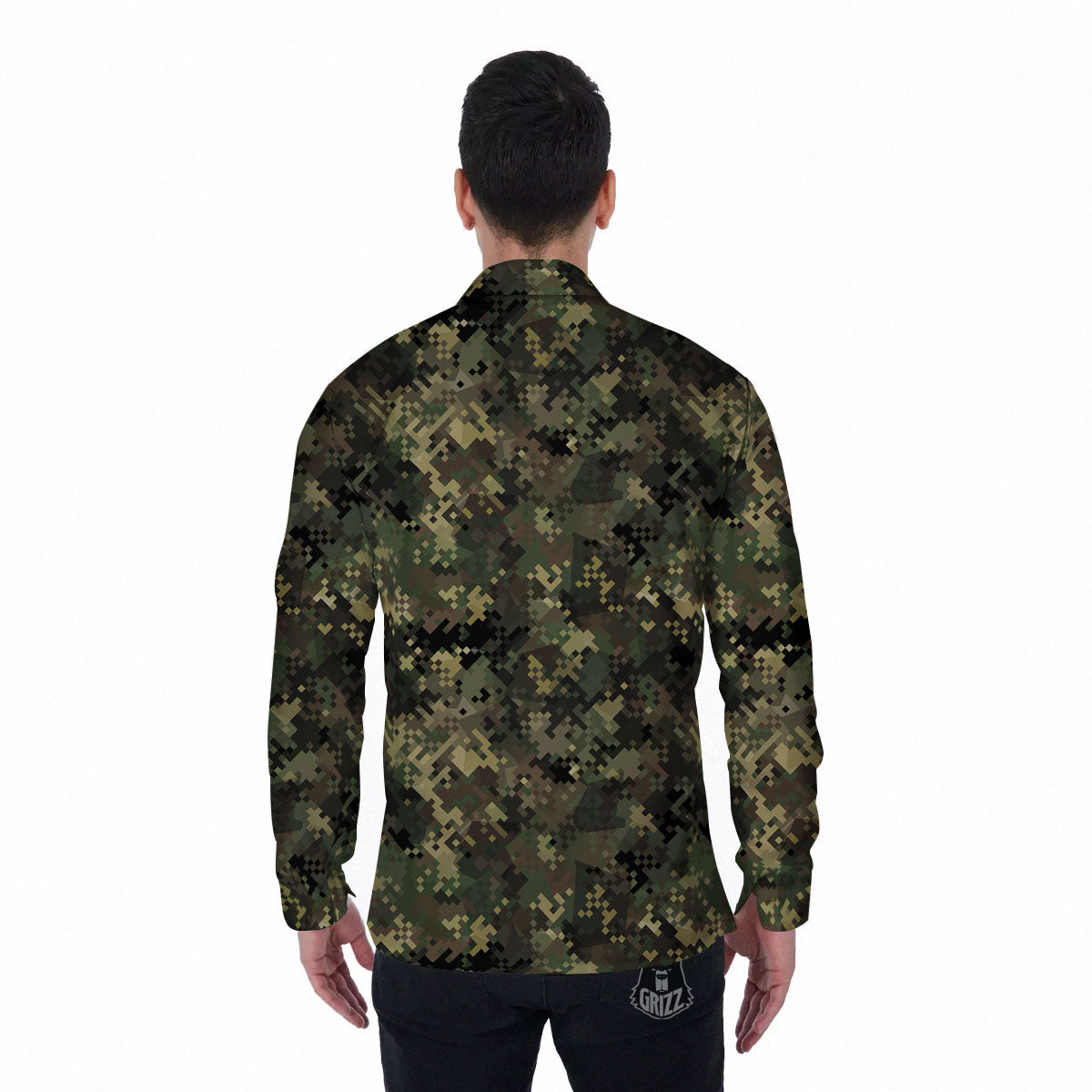 Digital Camo Forest Green Print Pattern Men's Long Sleeve Shirts-grizzshop