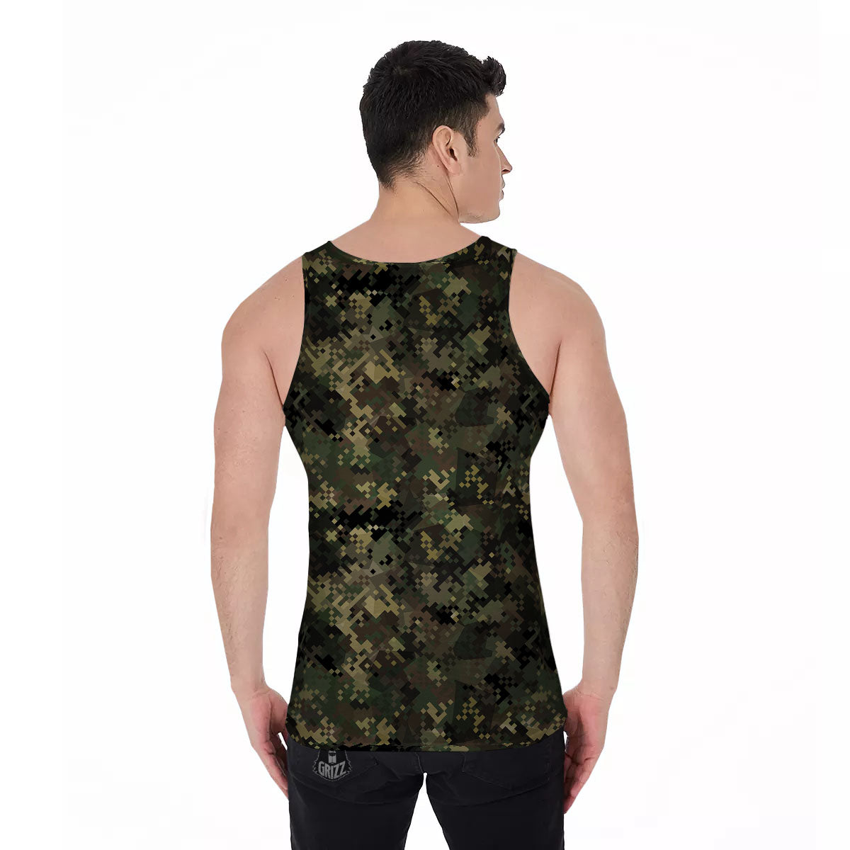 Digital Camo Forest Green Print Pattern Men's Tank Top-grizzshop