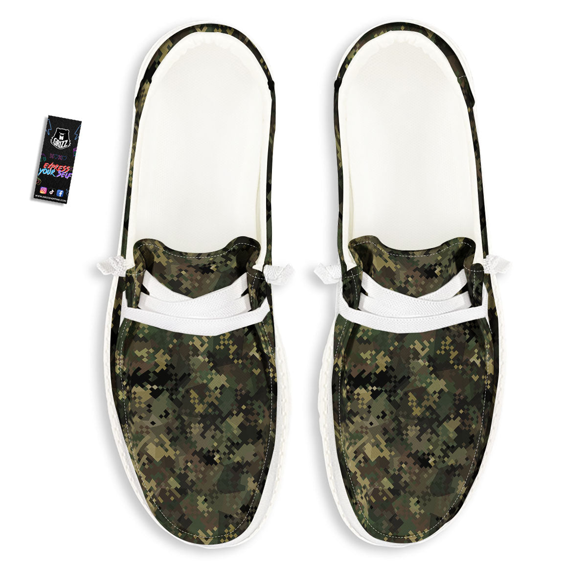 Digital Camo Forest Green Print Pattern White Loafers-grizzshop