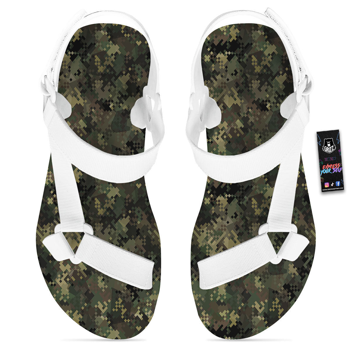 Digital Camo Forest Green Print Pattern White Open Toe Sandals-grizzshop