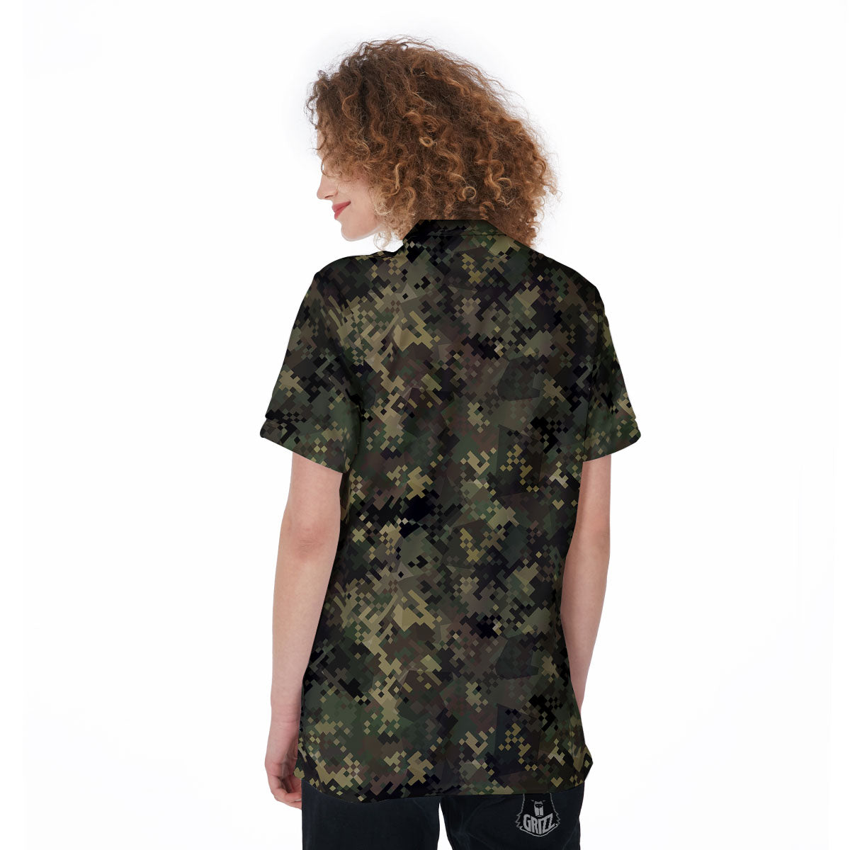 Digital Camo Forest Green Print Pattern Women's Golf Shirts-grizzshop