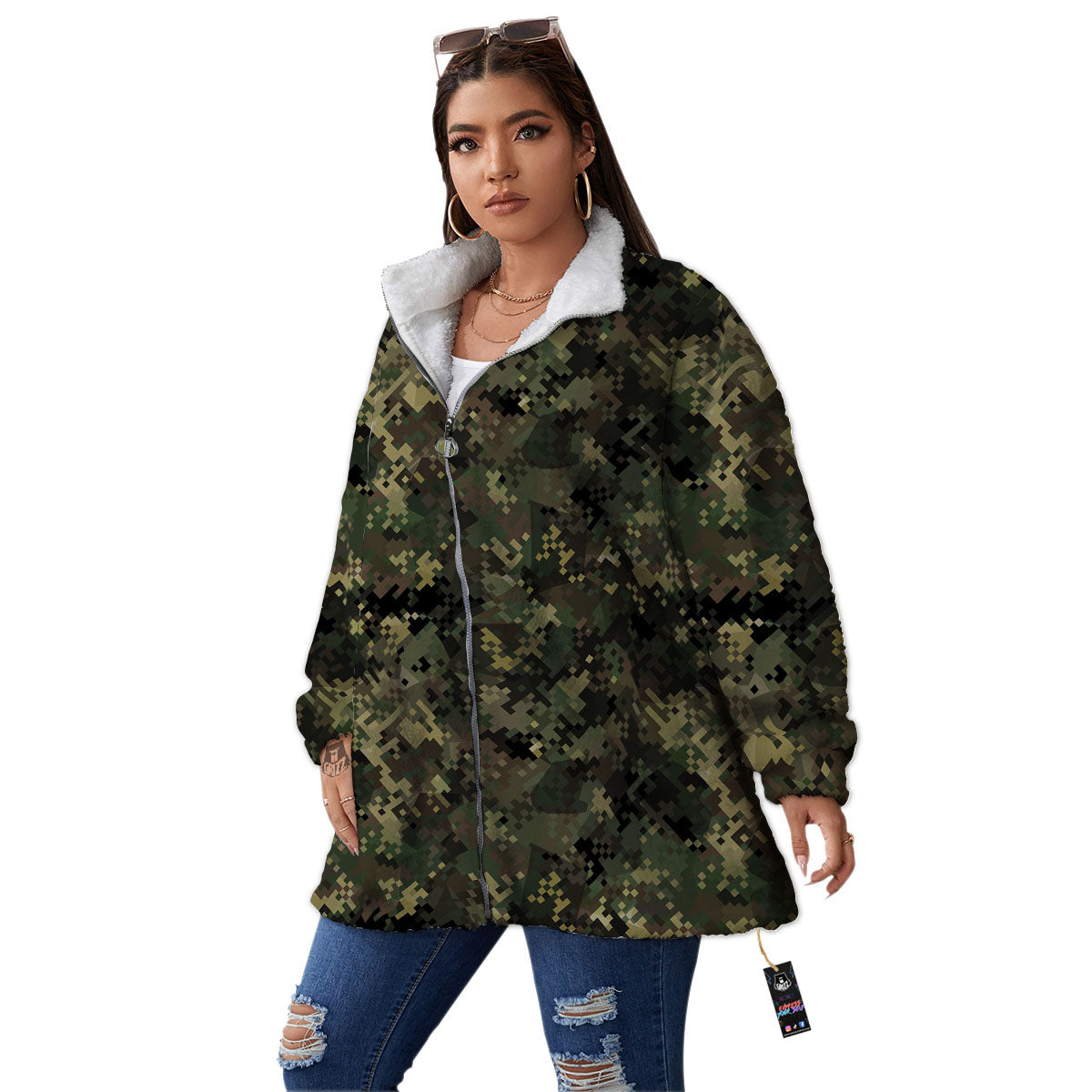 Digital Camo Forest Green Print Pattern Women's Sherpa Jacket-grizzshop