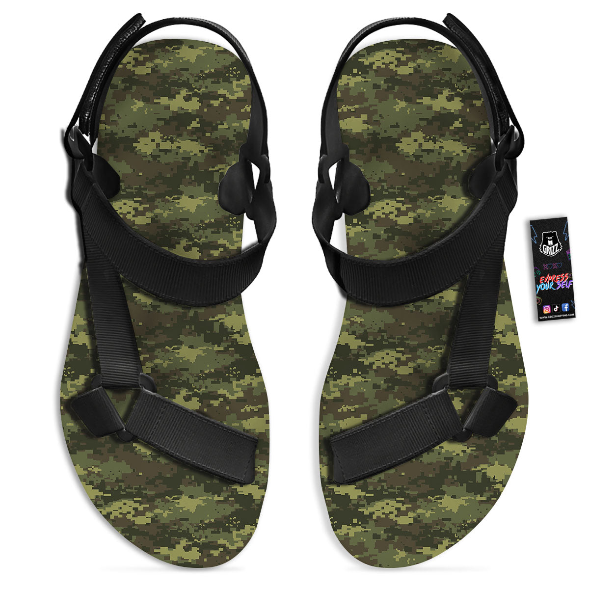Digital Camo Green Print Pattern Black Open Toe Sandals-grizzshop