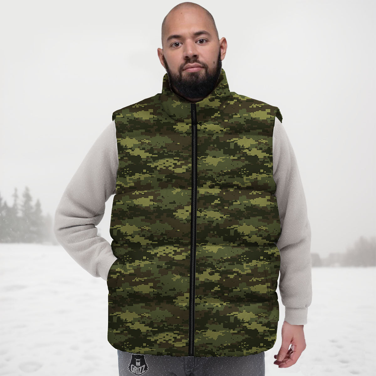 Digital Camo Green Print Pattern Down Vest-grizzshop