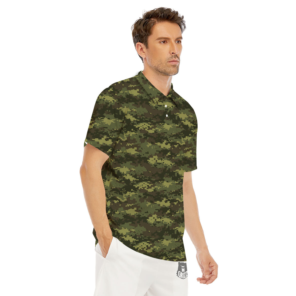 Digital Camo Green Print Pattern Men's Golf Shirts-grizzshop