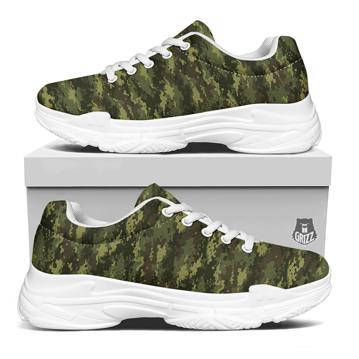 Digital Camo Green Print Pattern White Chunky Shoes-grizzshop