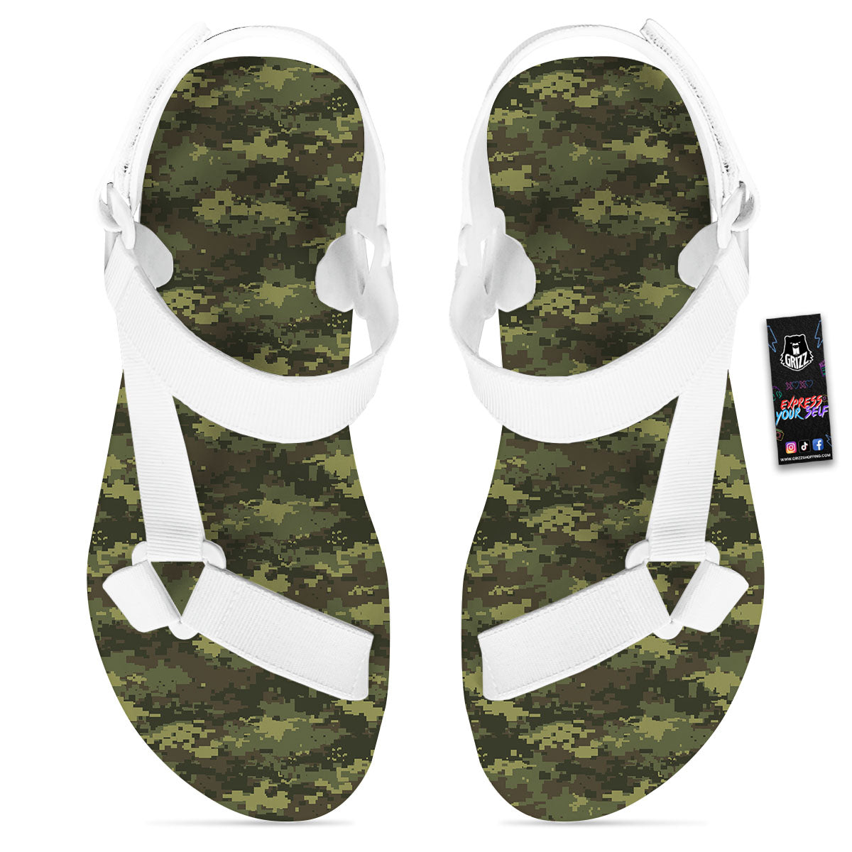 Digital Camo Green Print Pattern White Open Toe Sandals-grizzshop