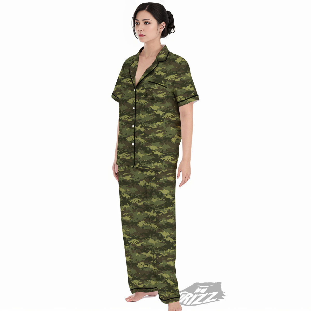 Digital Camo Green Print Pattern Women's Pajamas Set-grizzshop