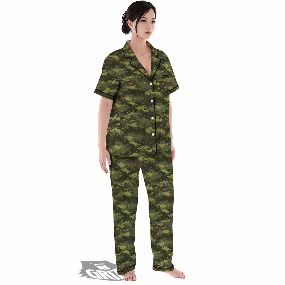 Digital Camo Green Print Pattern Women's Pajamas Set-grizzshop