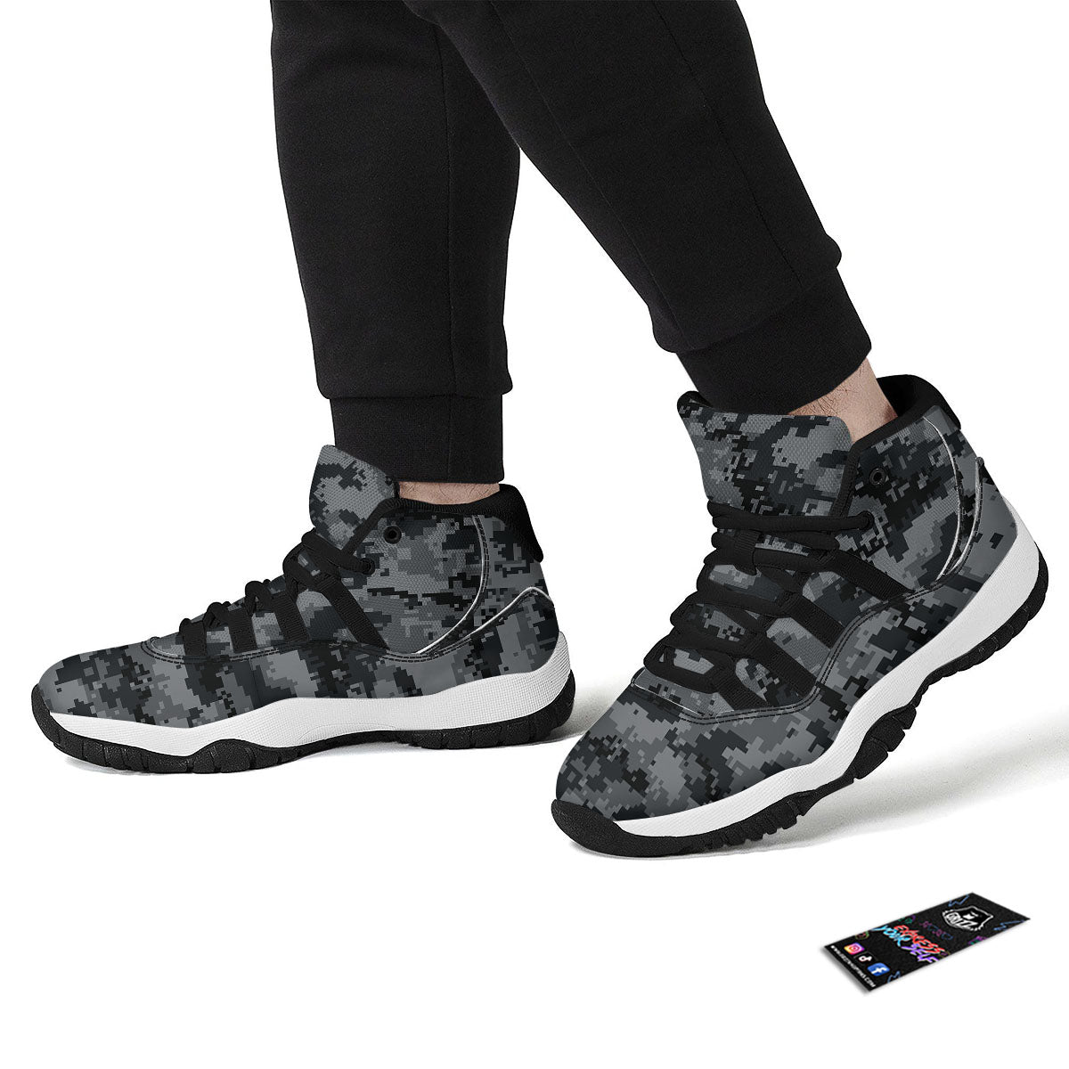 Digital Camo Grey And Black Print Black Bball Shoes-grizzshop