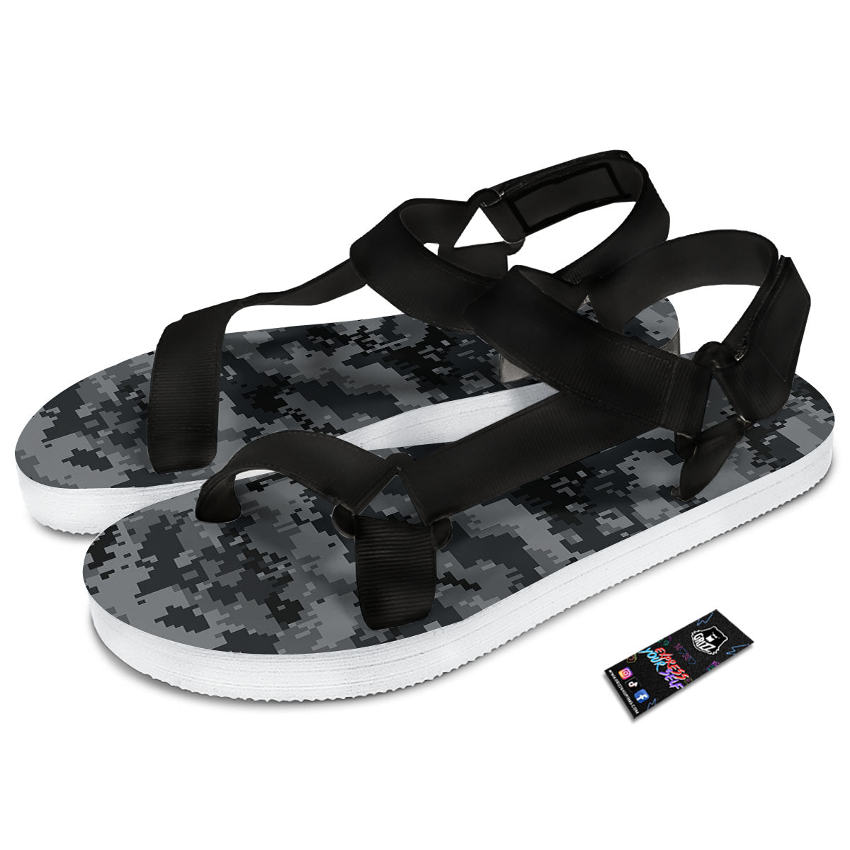 Digital Camo Grey And Black Print Black Open Toe Sandals-grizzshop