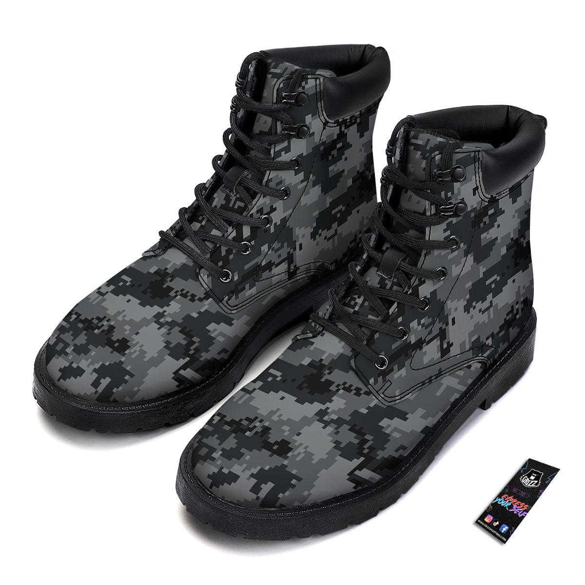 Digital Camo Grey And Black Print Boots-grizzshop