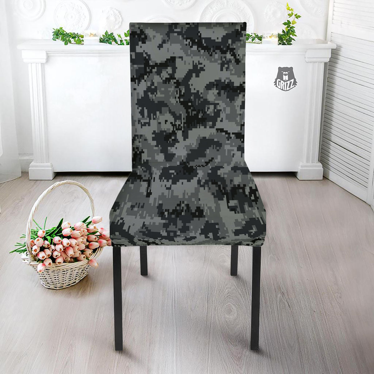 Digital Camo Grey And Black Print Dining Chair Slipcover-grizzshop