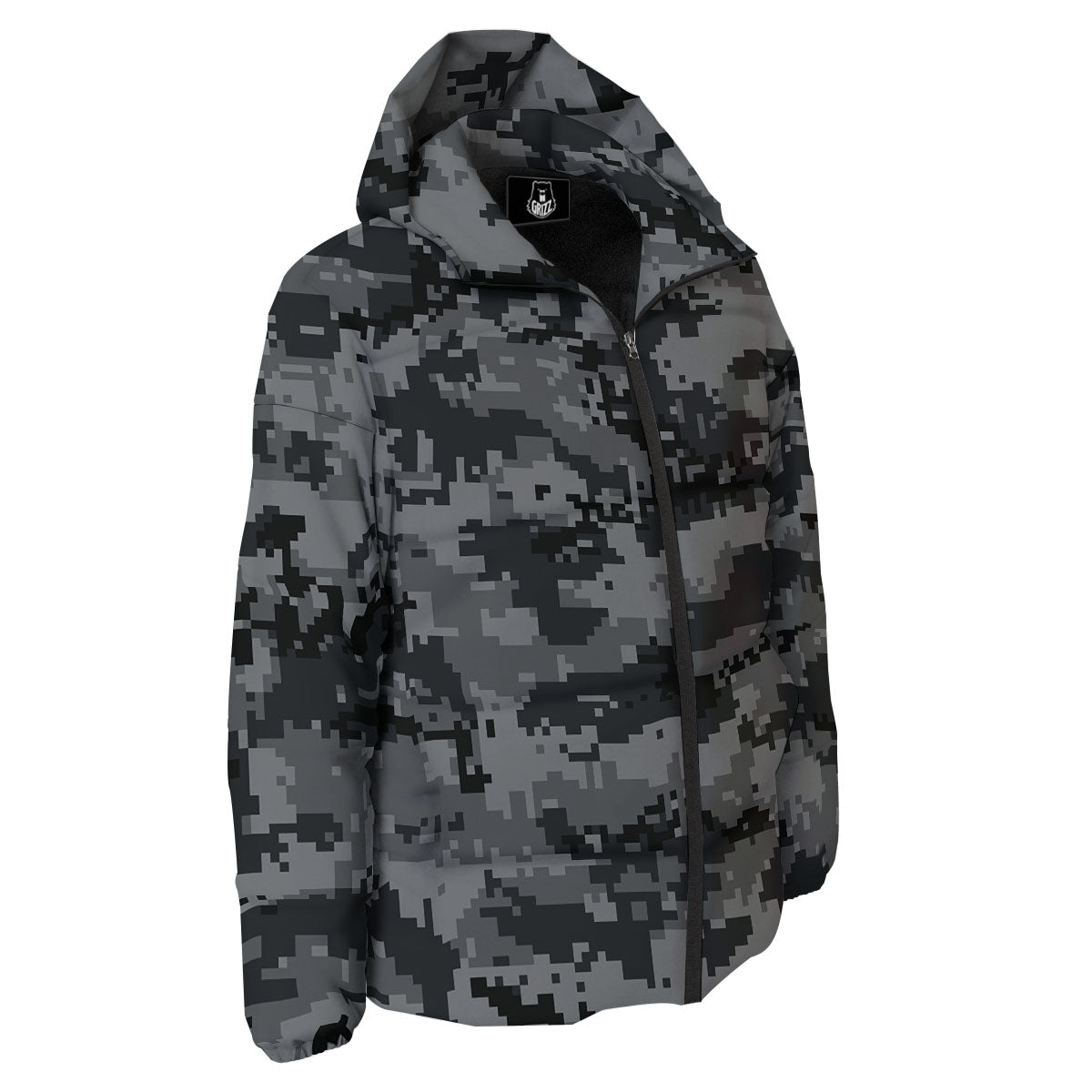 Digital Camo Grey And Black Print Down Jacket-grizzshop