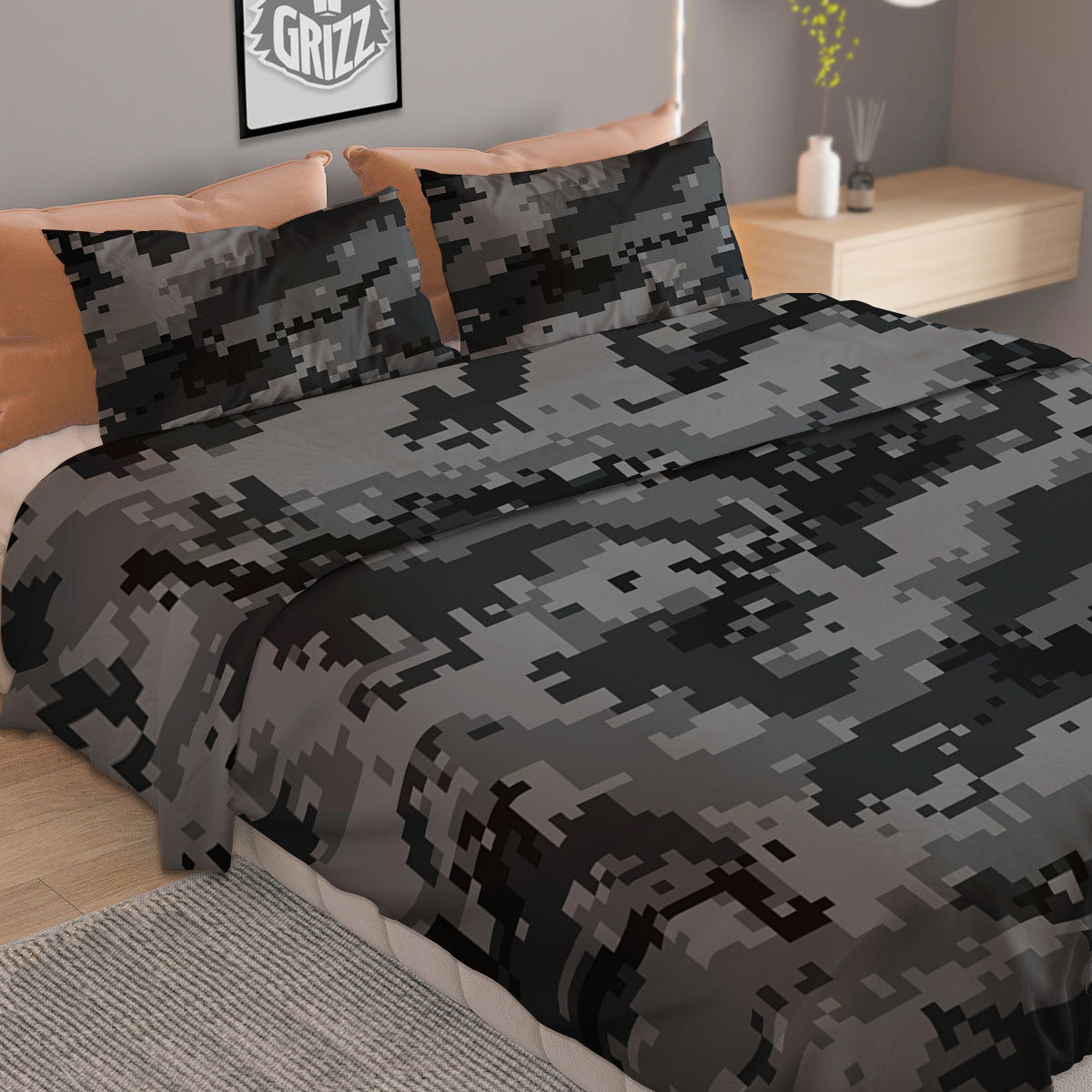 Digital Camo Grey And Black Print Duvet Cover Bedding Set