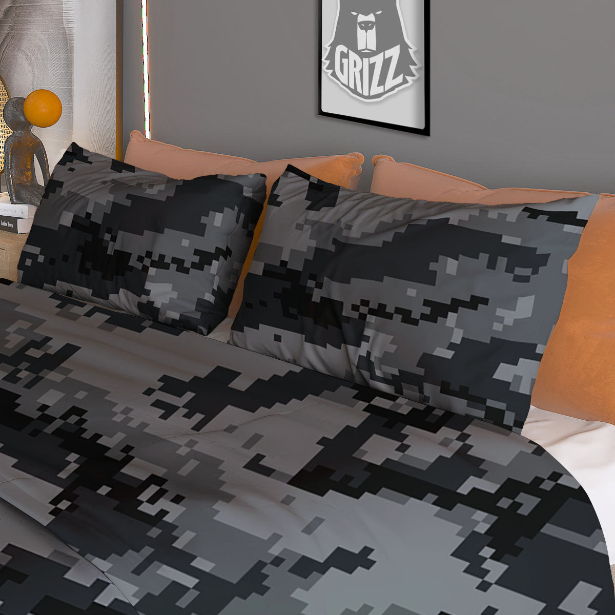 Digital Camo Grey And Black Print Duvet Cover Bedding Set