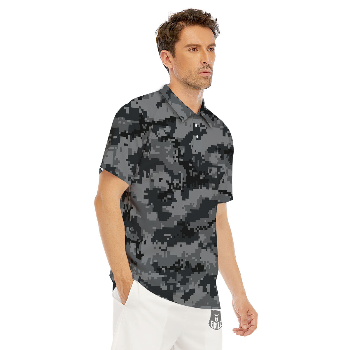 Digital Camo Grey And Black Print Men's Golf Shirts-grizzshop