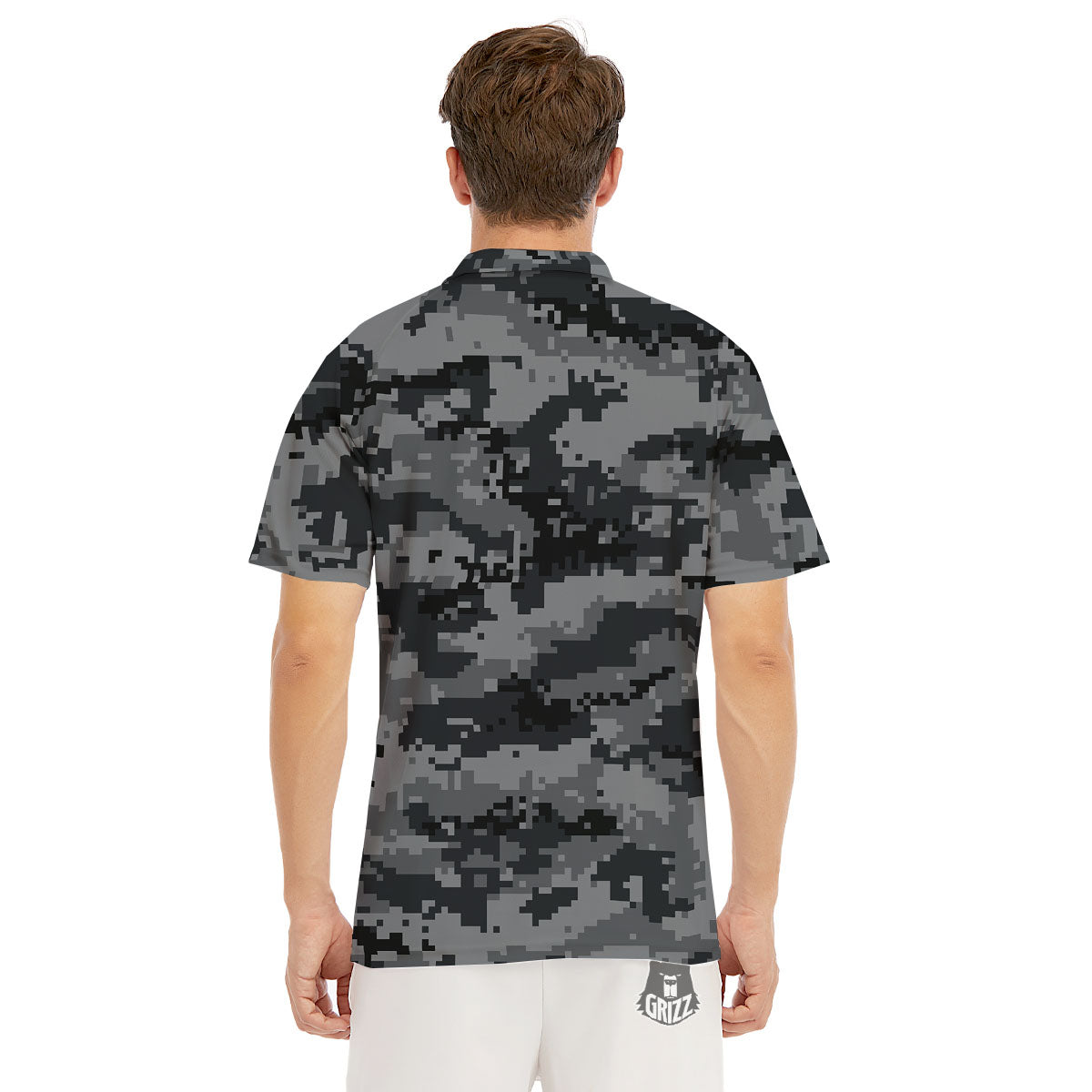 Digital Camo Grey And Black Print Men's Golf Shirts-grizzshop