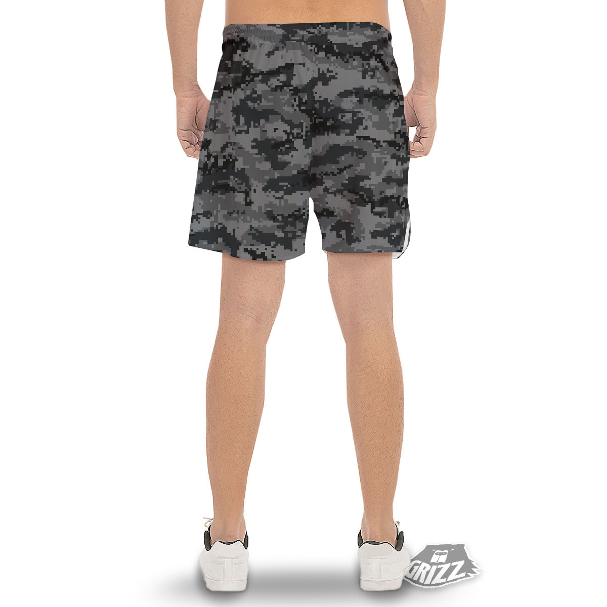 Digital Camo Grey And Black Print Men's Gym Shorts-grizzshop