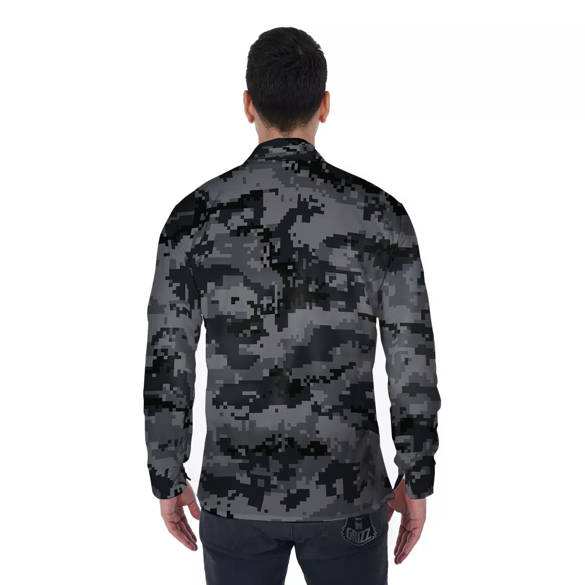 Digital Camo Grey And Black Print Men's Long Sleeve Shirts-grizzshop