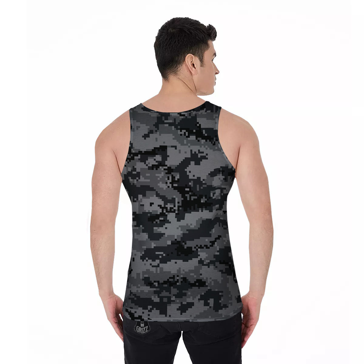 Digital Camo Grey And Black Print Men's Tank Top-grizzshop