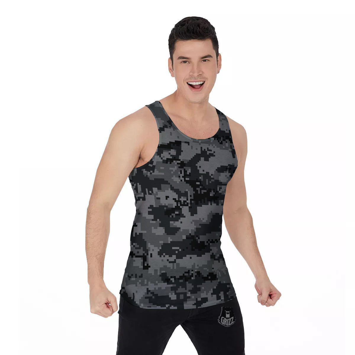 Digital Camo Grey And Black Print Men's Tank Top-grizzshop