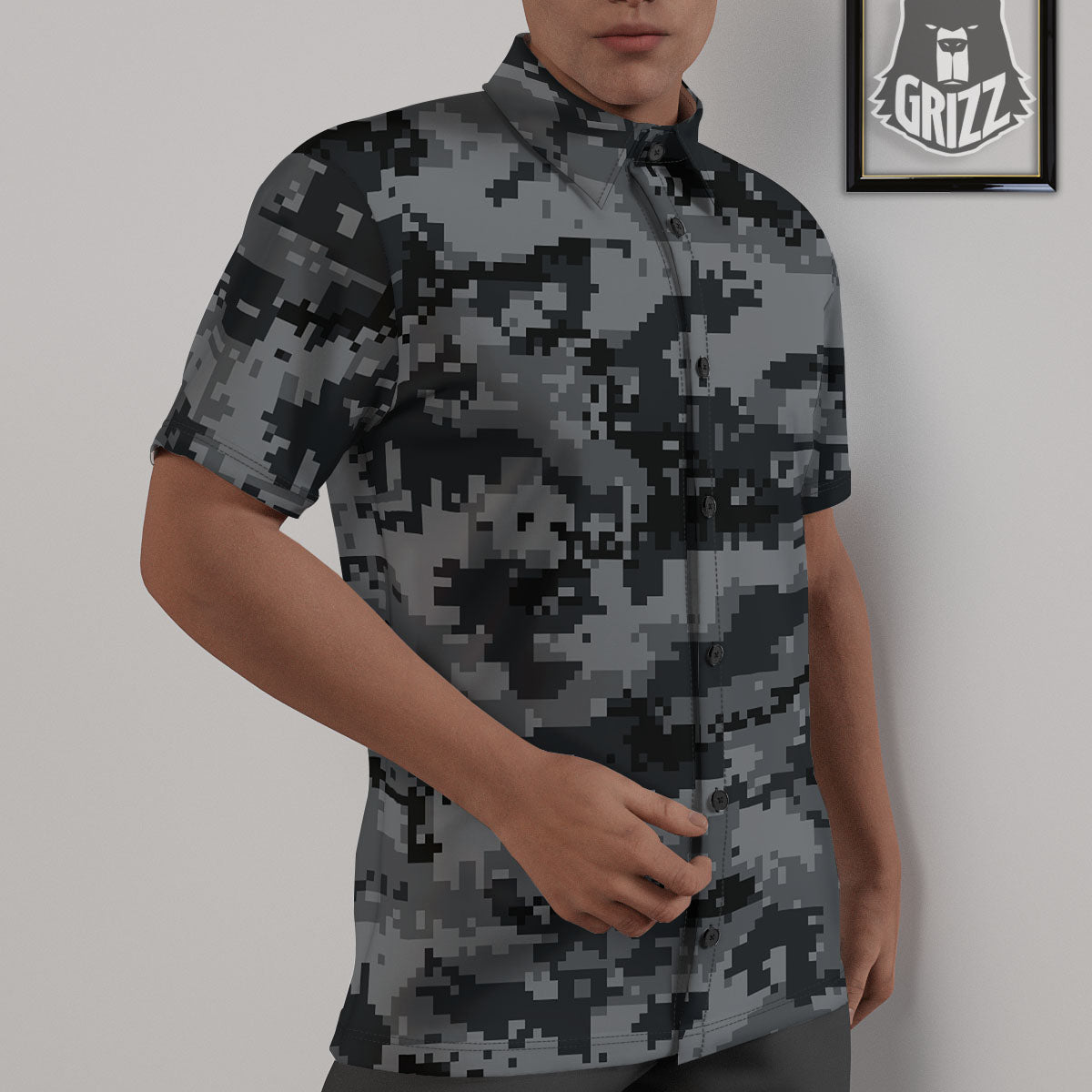 Digital Camo Grey And Black Print Untucked Shirts-grizzshop