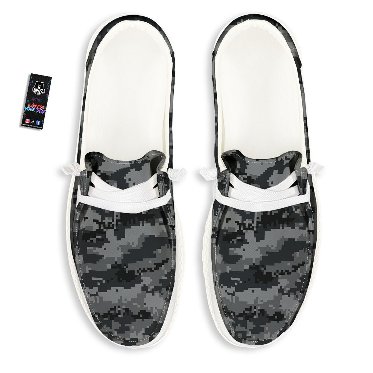 Digital Camo Grey And Black Print White Loafers-grizzshop