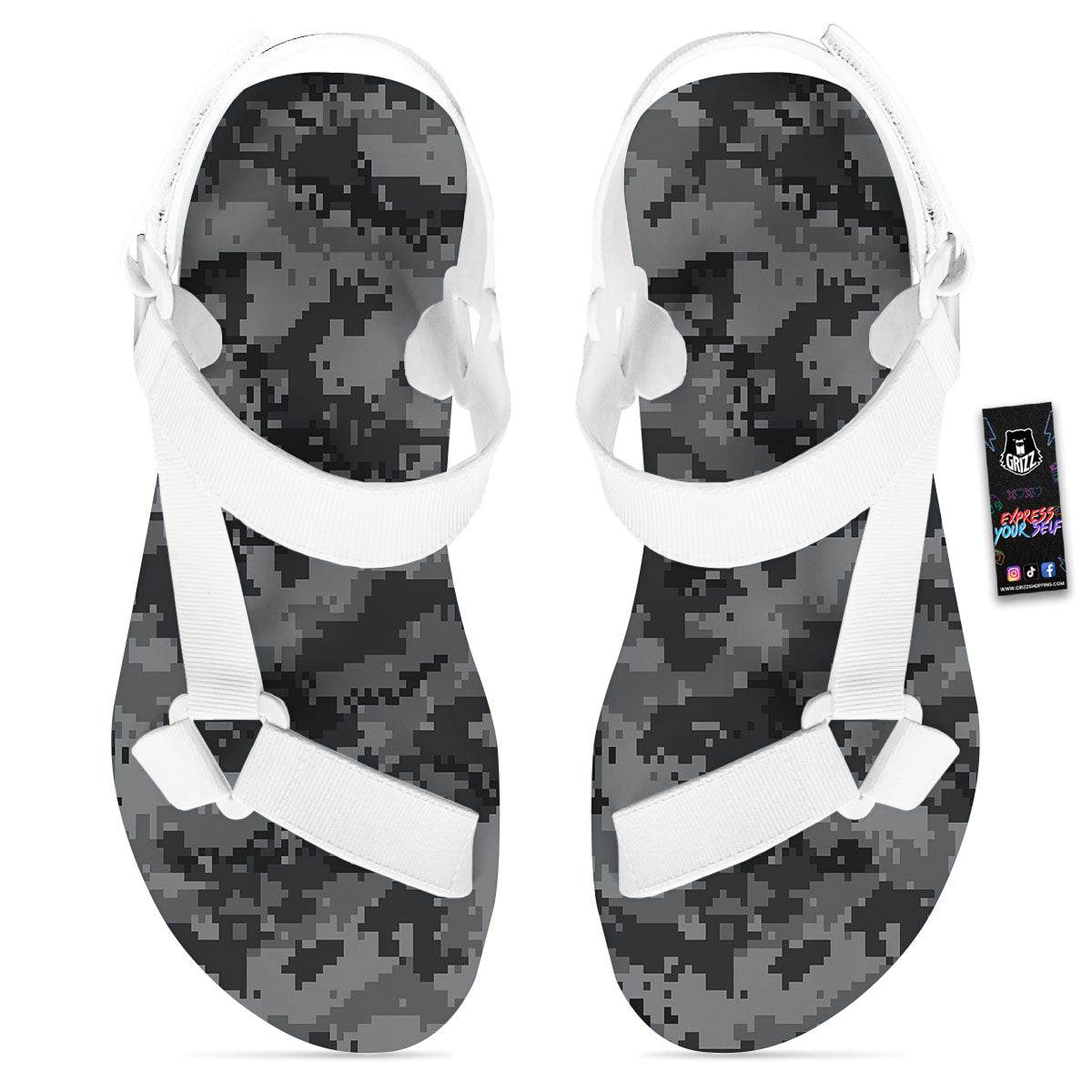 Digital Camo Grey And Black Print White Open Toe Sandals-grizzshop