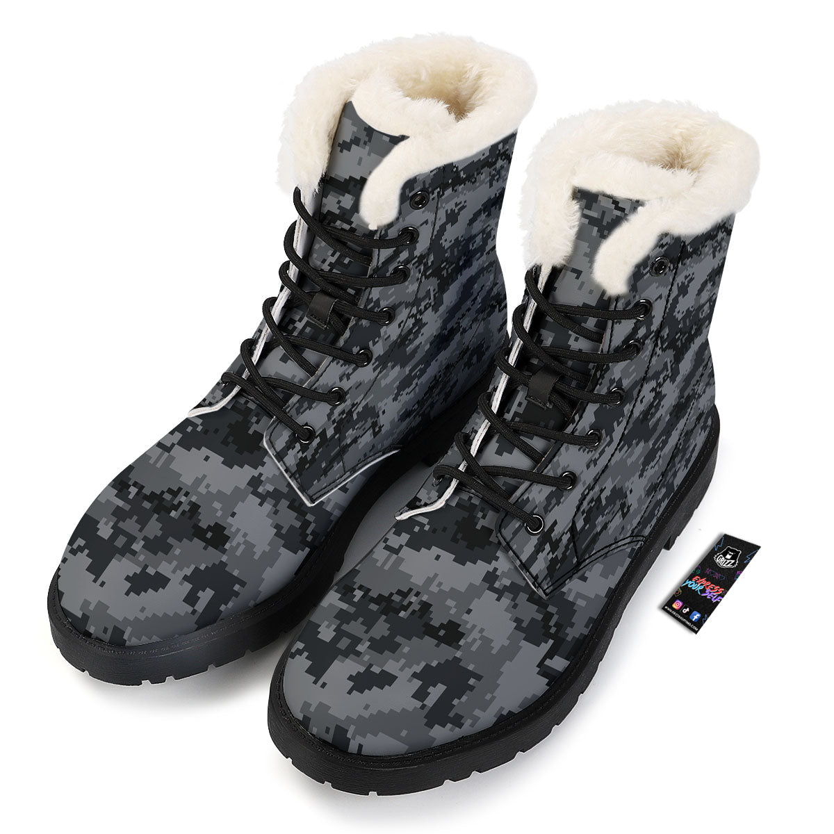 Digital Camo Grey And Black Print Winter Boots-grizzshop