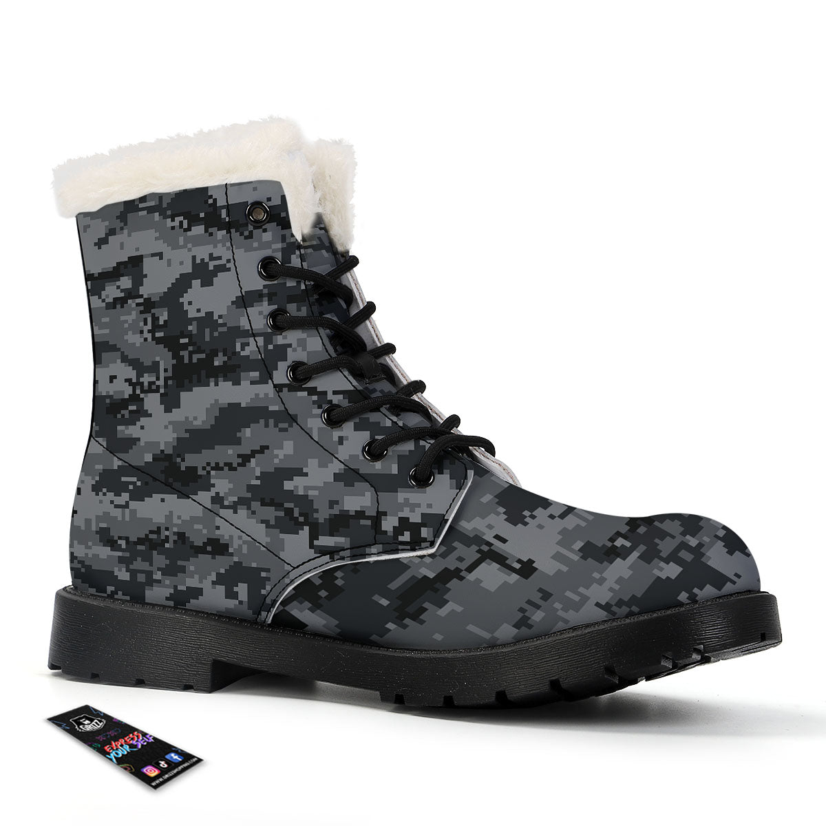 Digital Camo Grey And Black Print Winter Boots-grizzshop